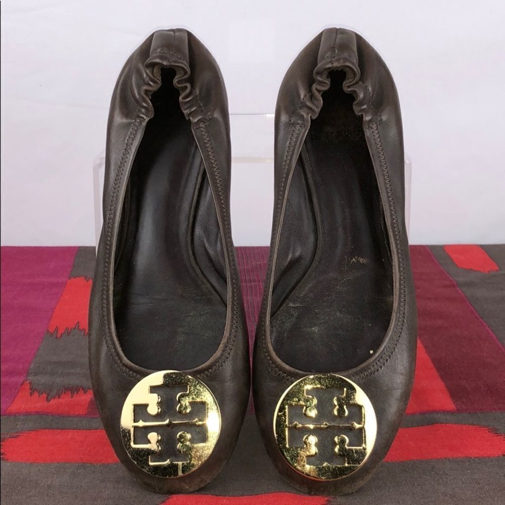 Tory Burch Brown Leather Reva Flats Gold Buckle